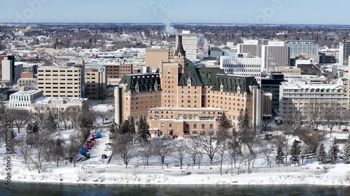 Drone view showcases Saskatoon's winter cityscape