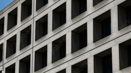 Facade of a brutalist concrete building with repeating square windows.