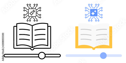 Lesson personalization icon. System node adjusting content sliders and book element. Adaptive learning symbol. Customized education process indicator. Simple geometric illustration.
