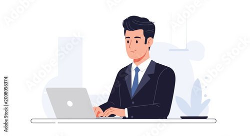 An illustration of a professional businessman in a dark suit working on his laptop at a desk within a clean, modern office space.