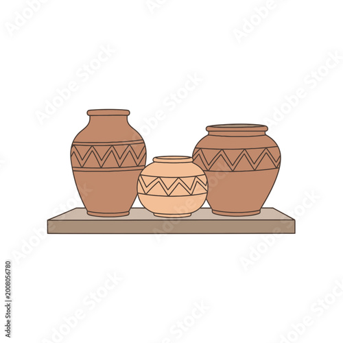 Three Traditional Clay Vases with Zigzag Patterns on a Wooden Shelf