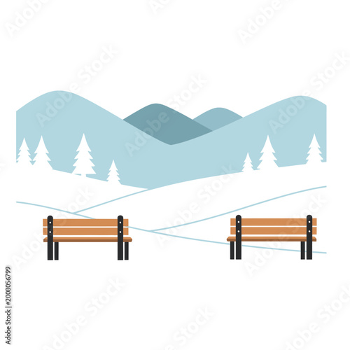 Winter park landscape with wooden benches and mountain view