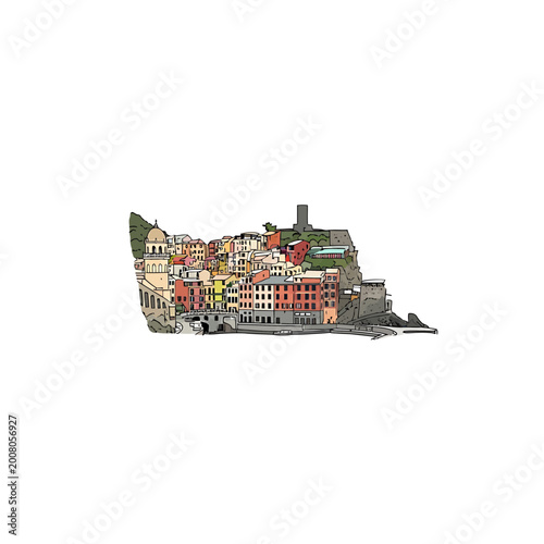 Coastal Mediterranean village landscape vector illustration