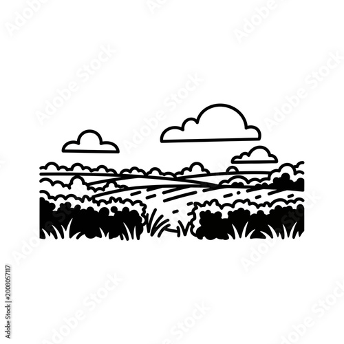 Minimalist landscape vector illustration with fields and clouds