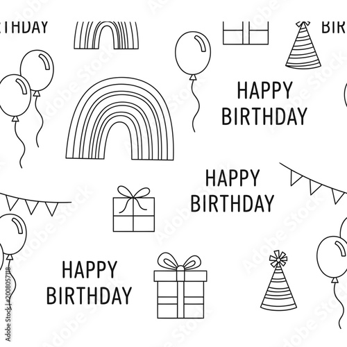 Happy birthday seamless pattern with line art balloons and gifts