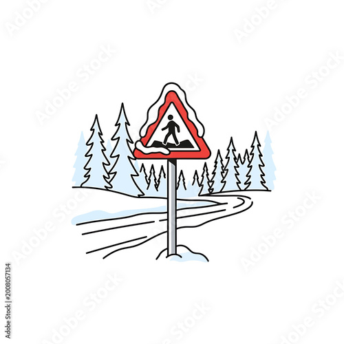 Pedestrian Crossing Road Sign in Snowy Winter Forest Illustration
