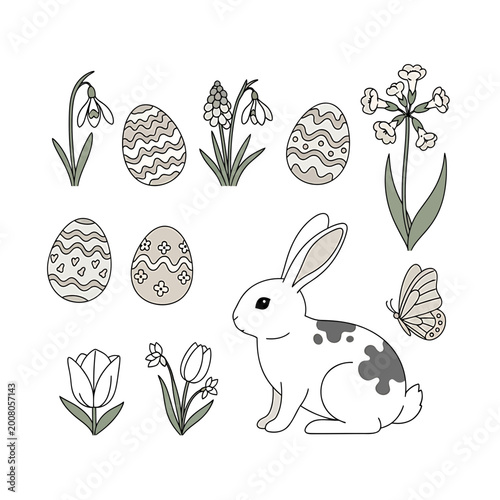 Minimalist Easter vector set with rabbit eggs and spring flowers