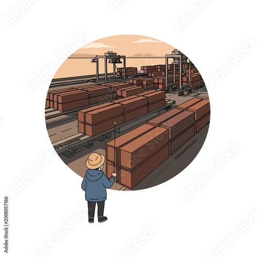 Industrial shipping port scene seen through circular frame vector