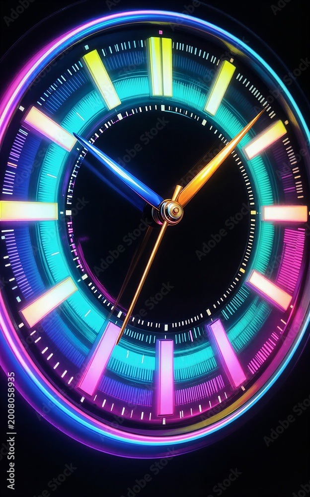 Fototapeta premium Vibrant neon clock with glowing blue and pink hues futuristic design.