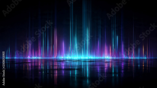 Vibrant vertical neon light beams in blue, purple, and cyan rising from a reflective dark surface with a digital rain effect, abstract technology
