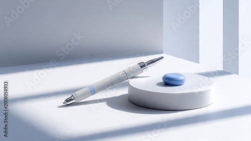 White pen with silver accents and blue button on a white circular platform, 3D rendering, soft lighting, ideal for product design, office supplies