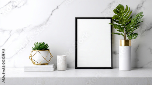 White marble surface with a succulent in a gold geometric planter, a black empty frame, and a green leaf arrangement in a white vase, top view