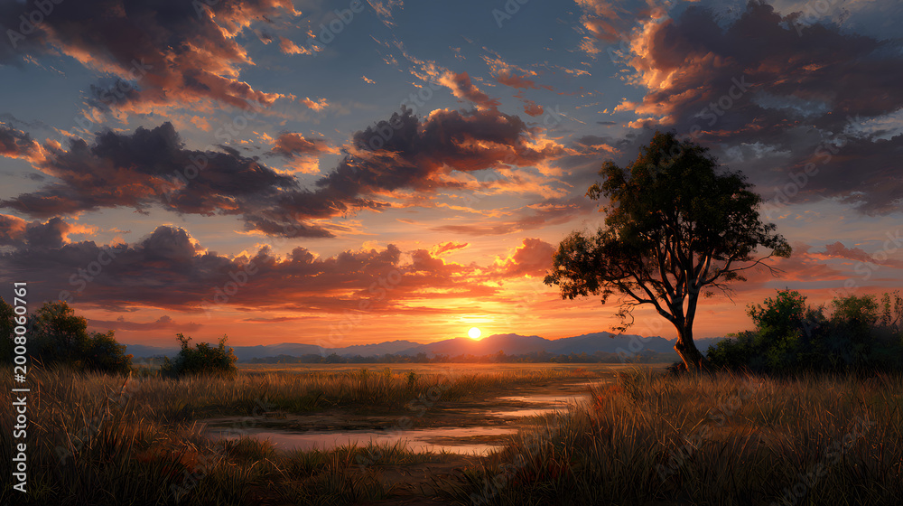 Fototapeta premium Quiet sunset scene with wide empty space 