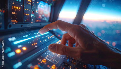 Aircraft Cockpit: A pilot's hand expertly navigates the illuminated instrument panel of an aircraft cockpit, soaring through the sky with precision and control.
