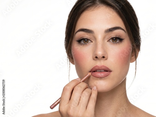 Young woman applying lip liner on a white background.