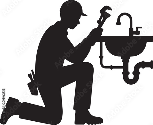 Silhouette of a plumber fixing a sink with a wrench Vector