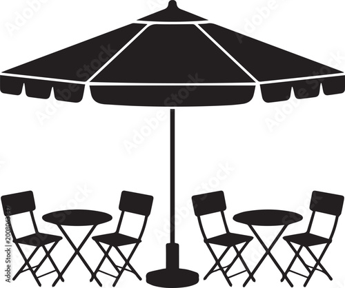 Outdoor patio set with umbrella and folding chairs Vector