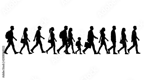 A diverse group of people of various ages and sizes walking in a line, depicted as black silhouettes against a white background