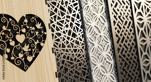 Intricate laser cut wooden decorative designs.