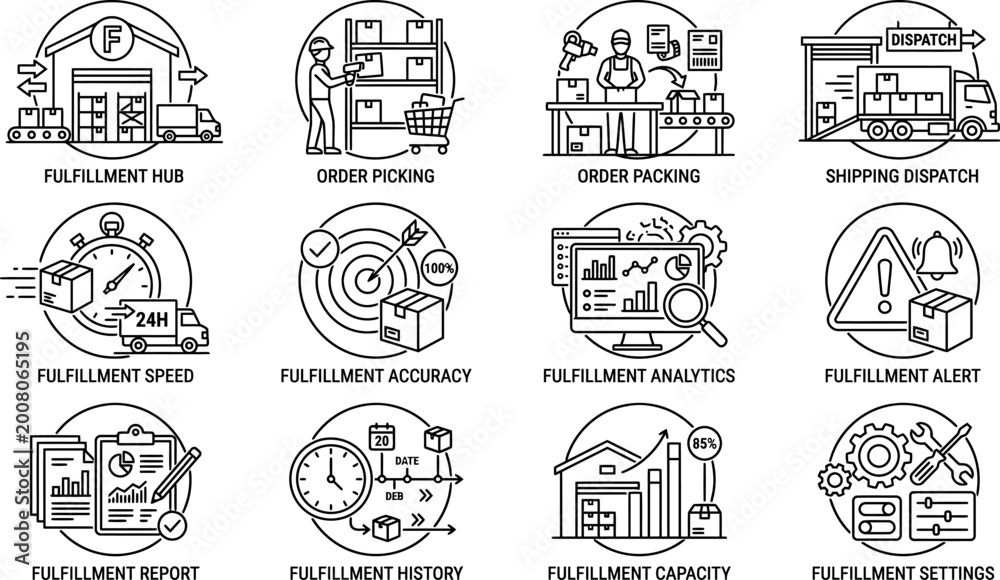 Fototapeta premium Set of logistics and fulfillment process thin line icons.