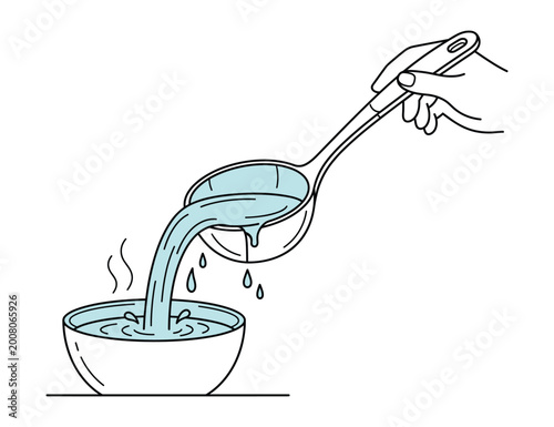 Dipping ladle pouring water illustration vector soup bowl cooking liquid steam hot food preparation.