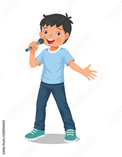 Little boy singing a song with a microphone