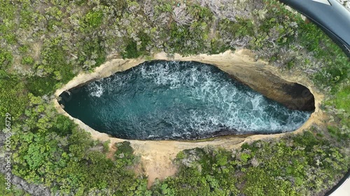 Poombeeyt Koontapool lookout, Great Ocean Road, Port Campbell, Victoria, Australia: 4K aerial drone footage of coastal blowhole, limestone cliffs, ocean waves, coastline. 