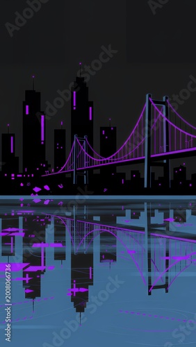 パープルの光が美しいサイバーパンク風の都市夜景と大きな橋のイラスト