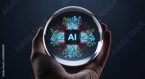 Artificial intelligence crystal ball, glowing AI circuit board, future technology concept