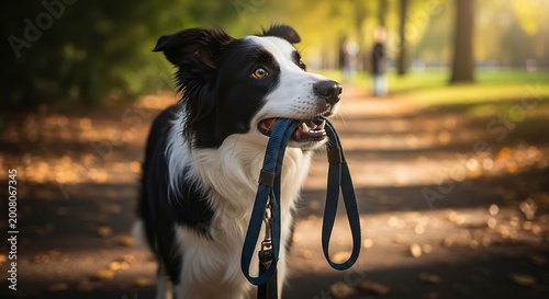 Black and white dog holding leash.