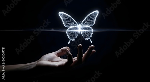 Glowing butterfly hologram floating over human hand, digital light insect, futuristic technology