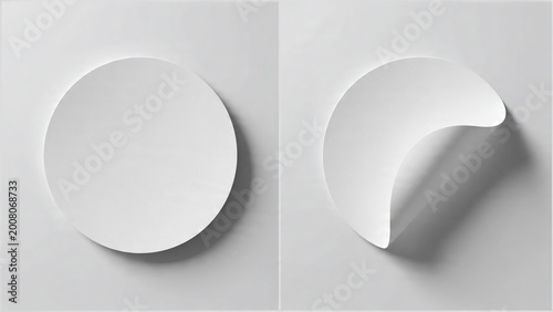 White circular paper sticker peel mockup on clean background with soft shadow, concept for label design, badge presentation