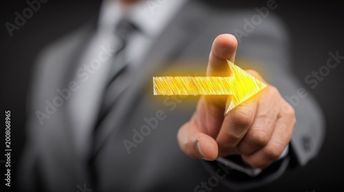 Businessperson points toward glowing forward direction symbol with outstretched finger