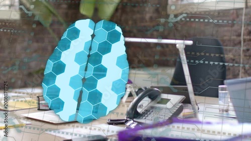 Stylized blue brain-shaped graphic popping into view, rotating and pulsing, revealing desk details