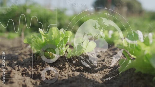 Globe fading in, HUD overlay expanding with rings, waveform left, bars right, showing seedling data