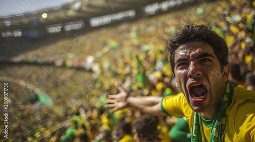 A passionate Brazilian football fan screams in excitement while wearing a yellow jersey at a high energy sports match