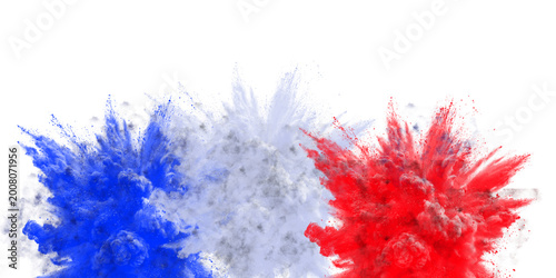 French Tricolor Flag Burst with Blue White Red Holi Powder Explosion on Clean White Background – Vibrant France National Travel and Tourism Concept.