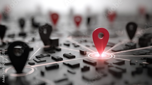 Prominent glowing destination marker stands out among several dark location pins on a miniature cityscape representation