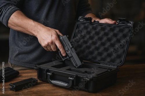 hand placing black handgun into protective hard case for secure storage and transport
