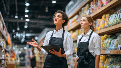 Two grocery store staff in black aprons, one holding clipboard and gesturing, in a well-lit aisle with stocked shelves, suitable for retail customer