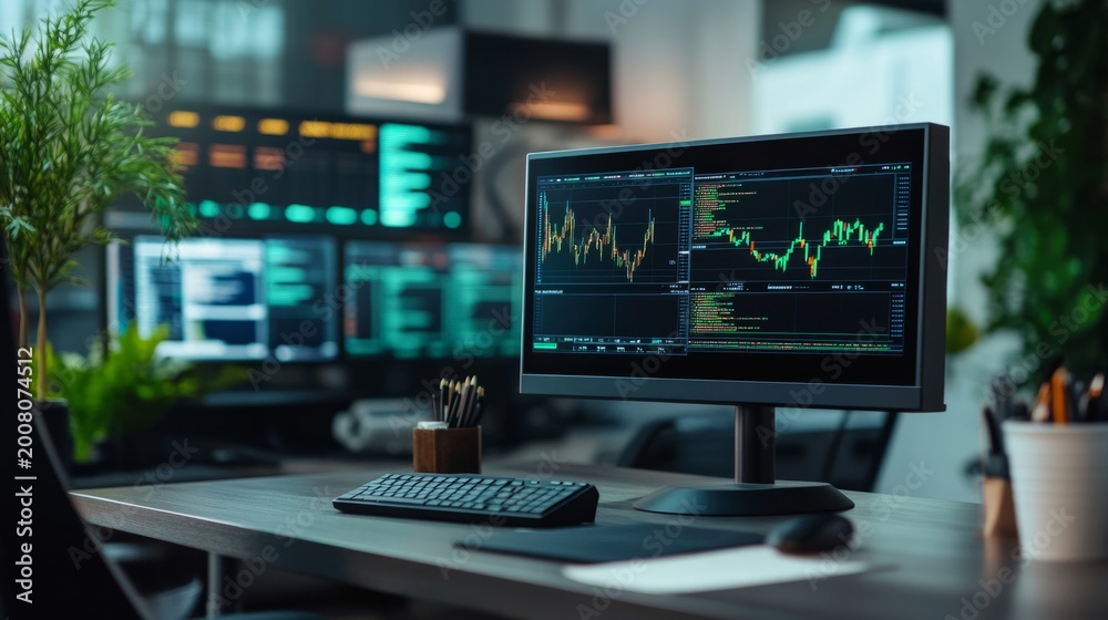 Naklejka premium An economical workspace with notes, transforming into a high-tech trading station; generative ai