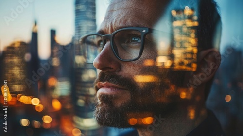 A self-confident entrepreneur contemplating the urban horizon from his office. generative ai