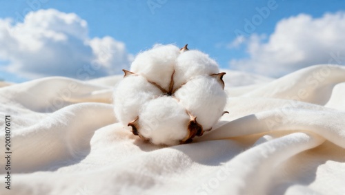 Bild auf Leinwand Cotton boll on fabric under blue sky