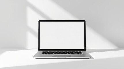 Minimal laptop mockup blank display sleek metallic body neutral studio lighting calm workspace