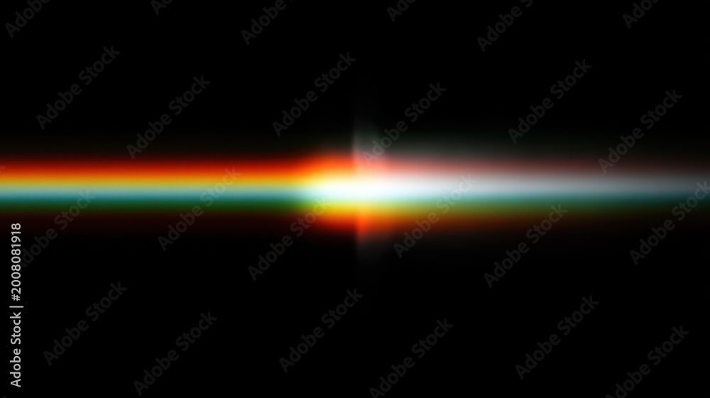 Fototapeta premium Horizontal beam of bright light displays chromatic aberration effect against a dark background