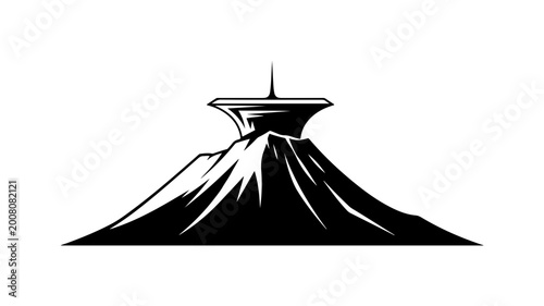 Bold Black Volcano with Flat Top and Spire Illustration