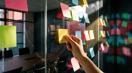 Hand placing a colorful sticky note on a glass wall filled with ideas, representing an office brainstorming session and collaborative strategic planning