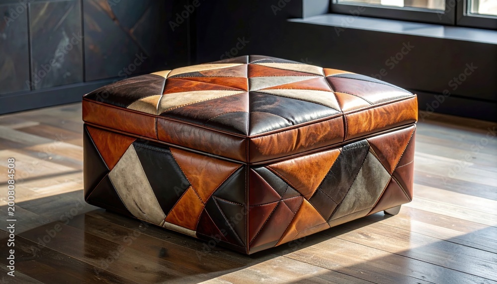Fototapeta premium Geometric Patchwork Leather Ottoman as Stylish Furniture Accent