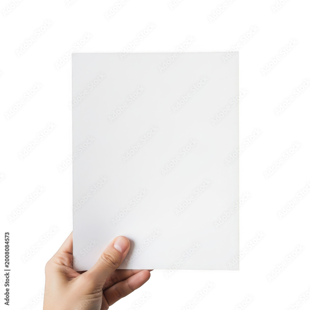 Obraz premium A hand holding a blank white piece of paper against a white background.