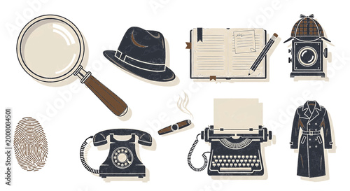 Fotografía Vintage Detective Investigation Tools and Accessories Vector Set